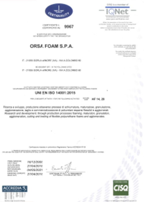 ISO 14001:2015 environmental management certificate for foam materials
