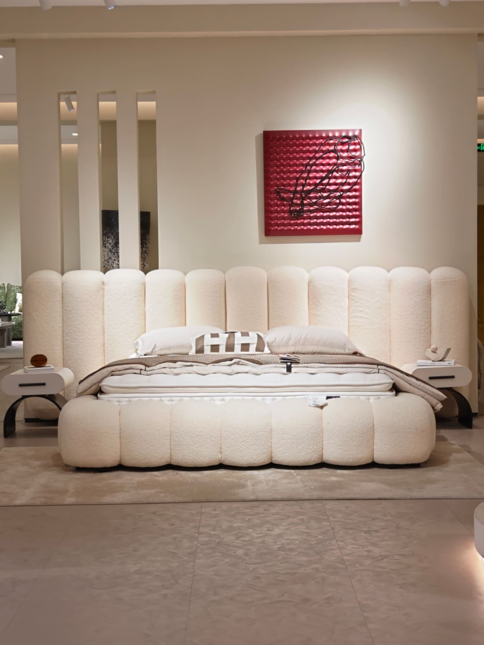Curved Velvet Upholstered Platform Bed with Channel-Tufted Headboard 3
