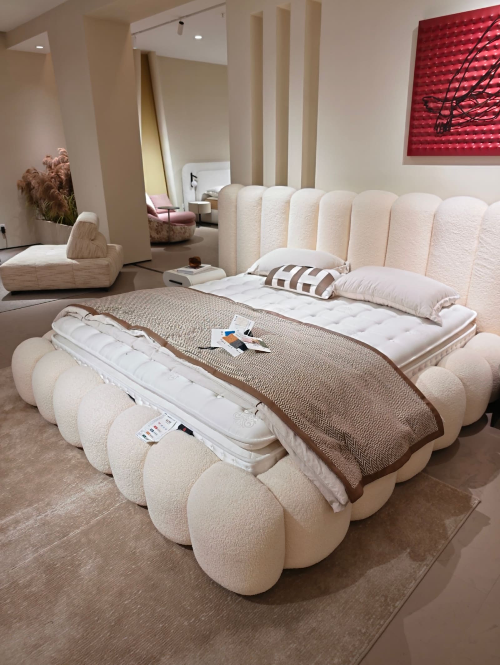 Curved Velvet Upholstered Platform Bed with Channel-Tufted Headboard 12