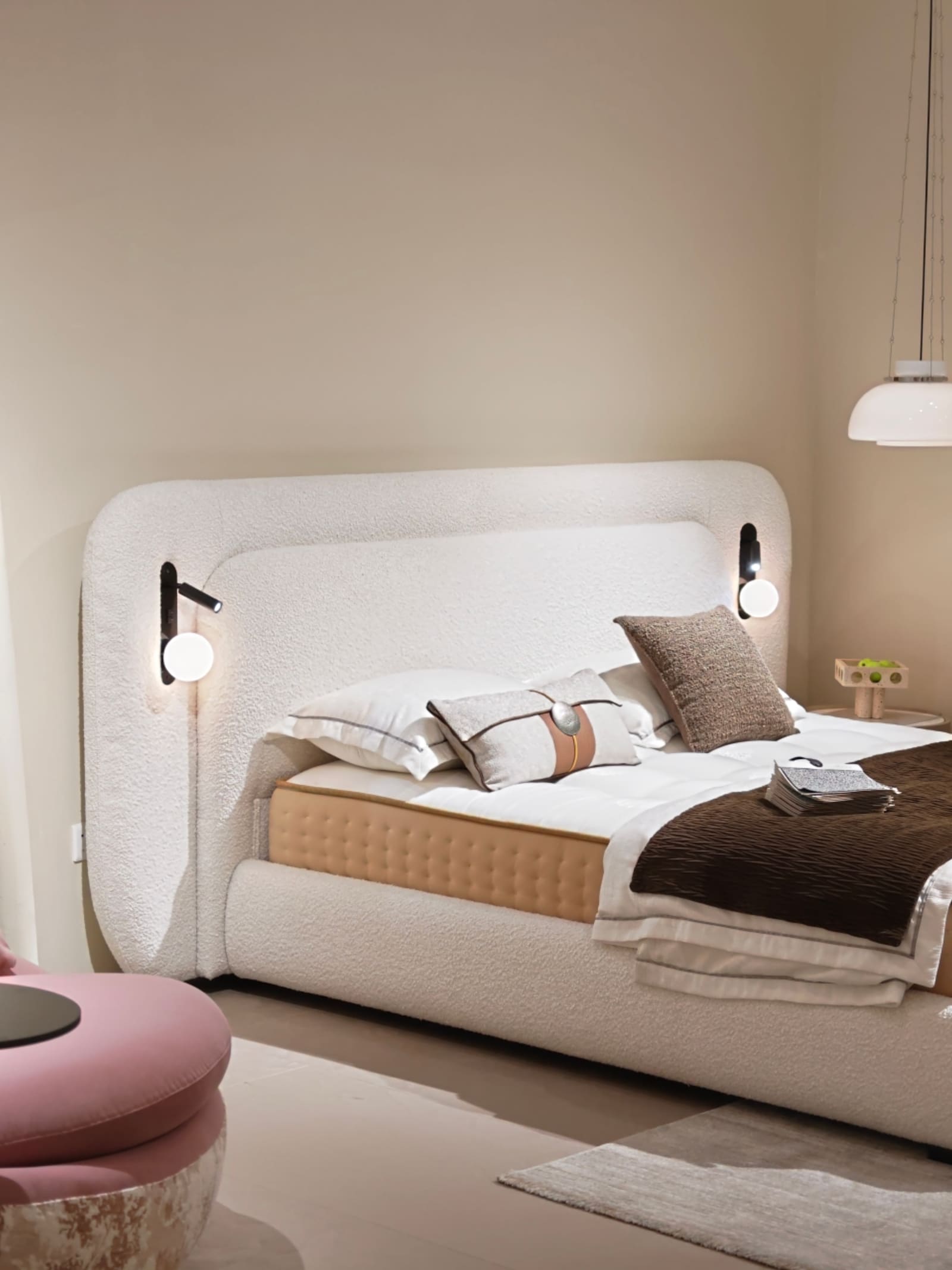 Boucle Wingback Platform Bed with Curved Headboard 6