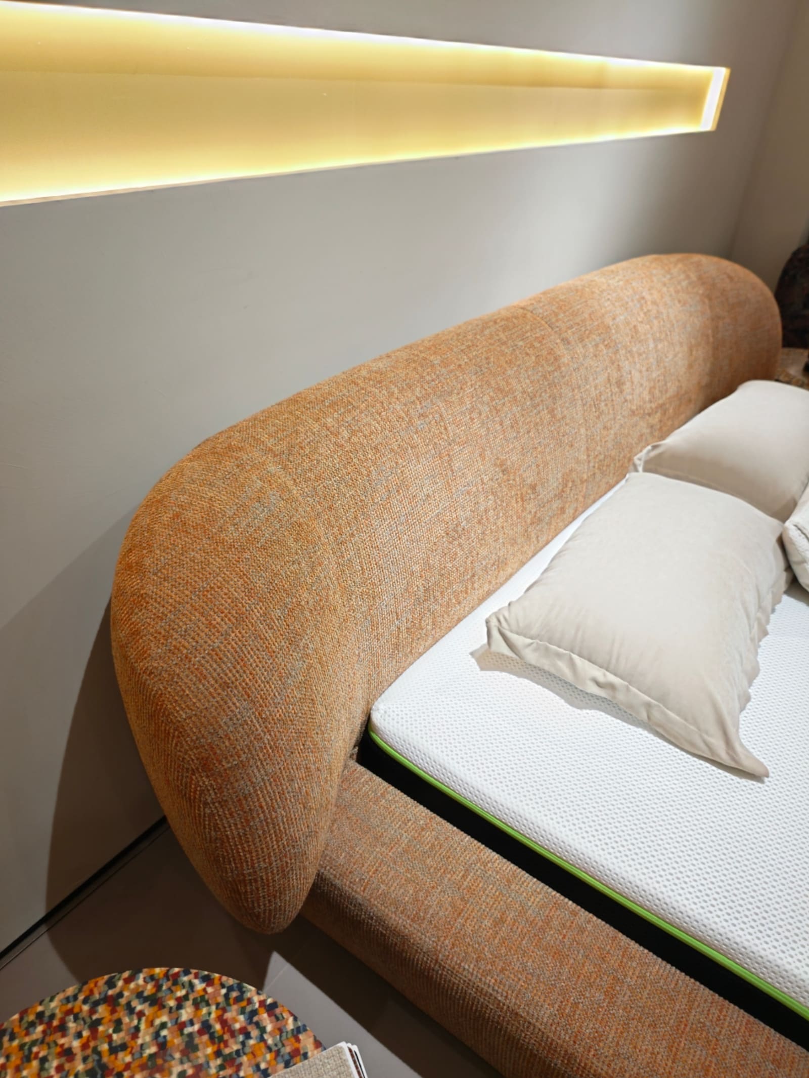 Linen Upholstered Platform Bed with Asymmetrical Curved Headboard 7