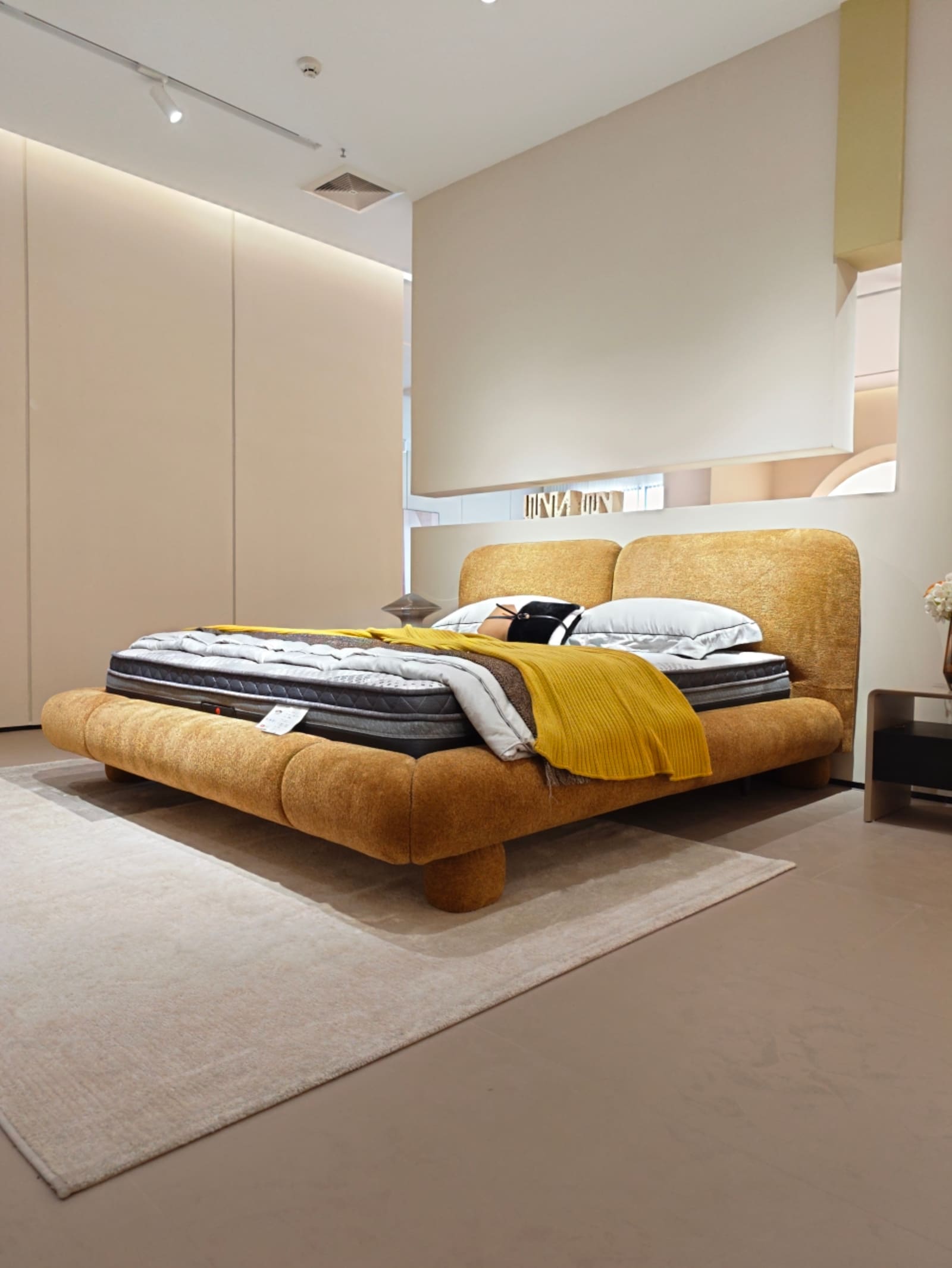 Chenille Upholstered Platform Bed with Dual Panel Headboard