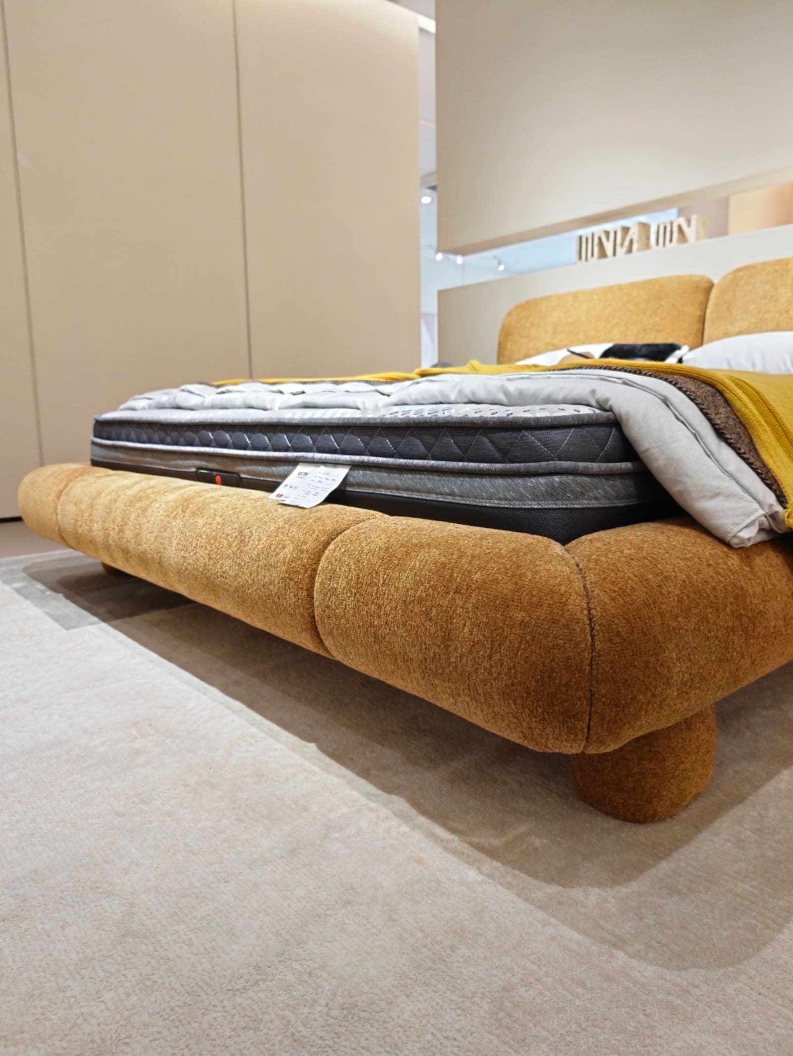 Chenille Upholstered Platform Bed with Dual Panel Headboard 5