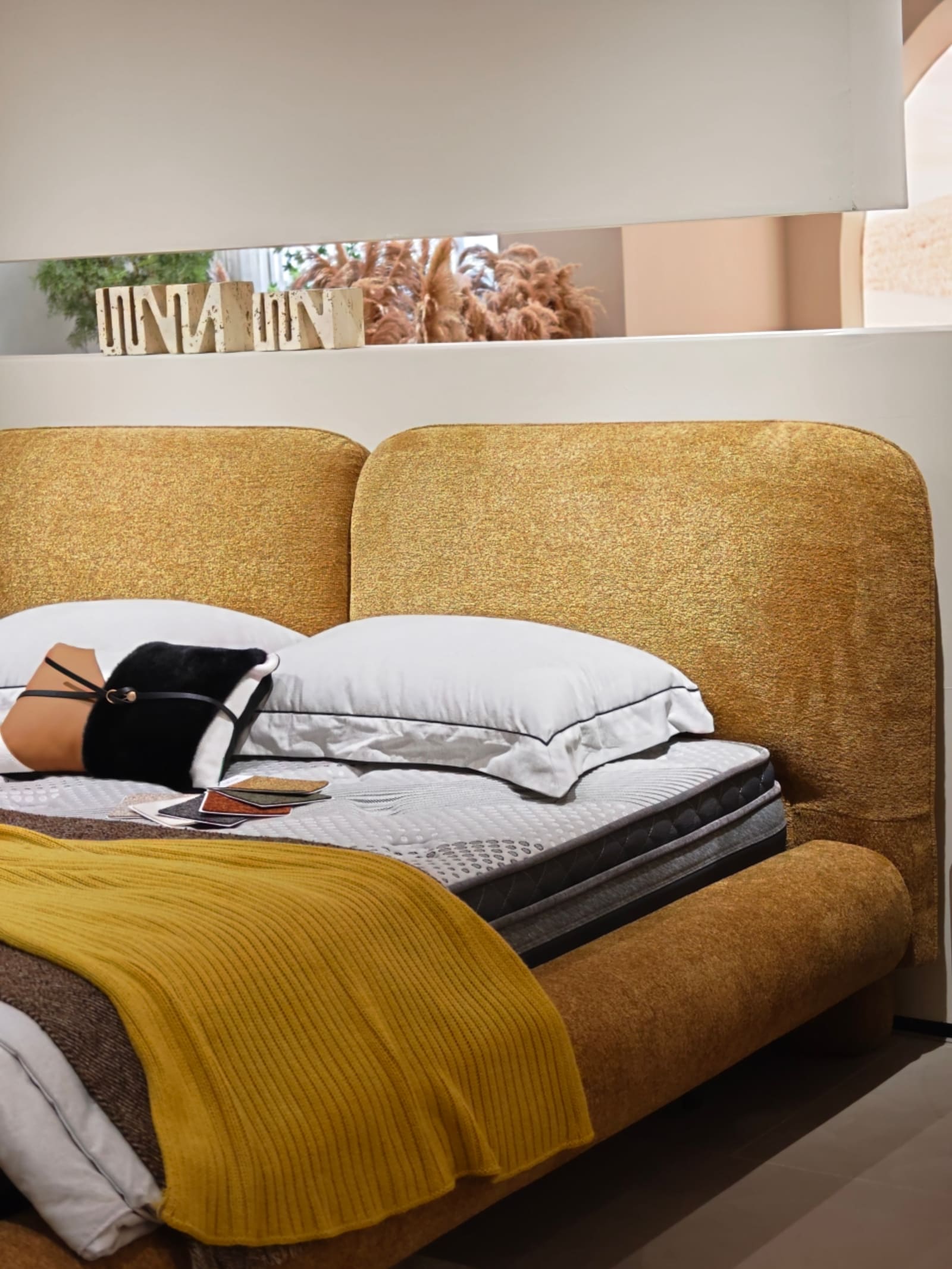 Chenille Upholstered Platform Bed with Dual Panel Headboard 15