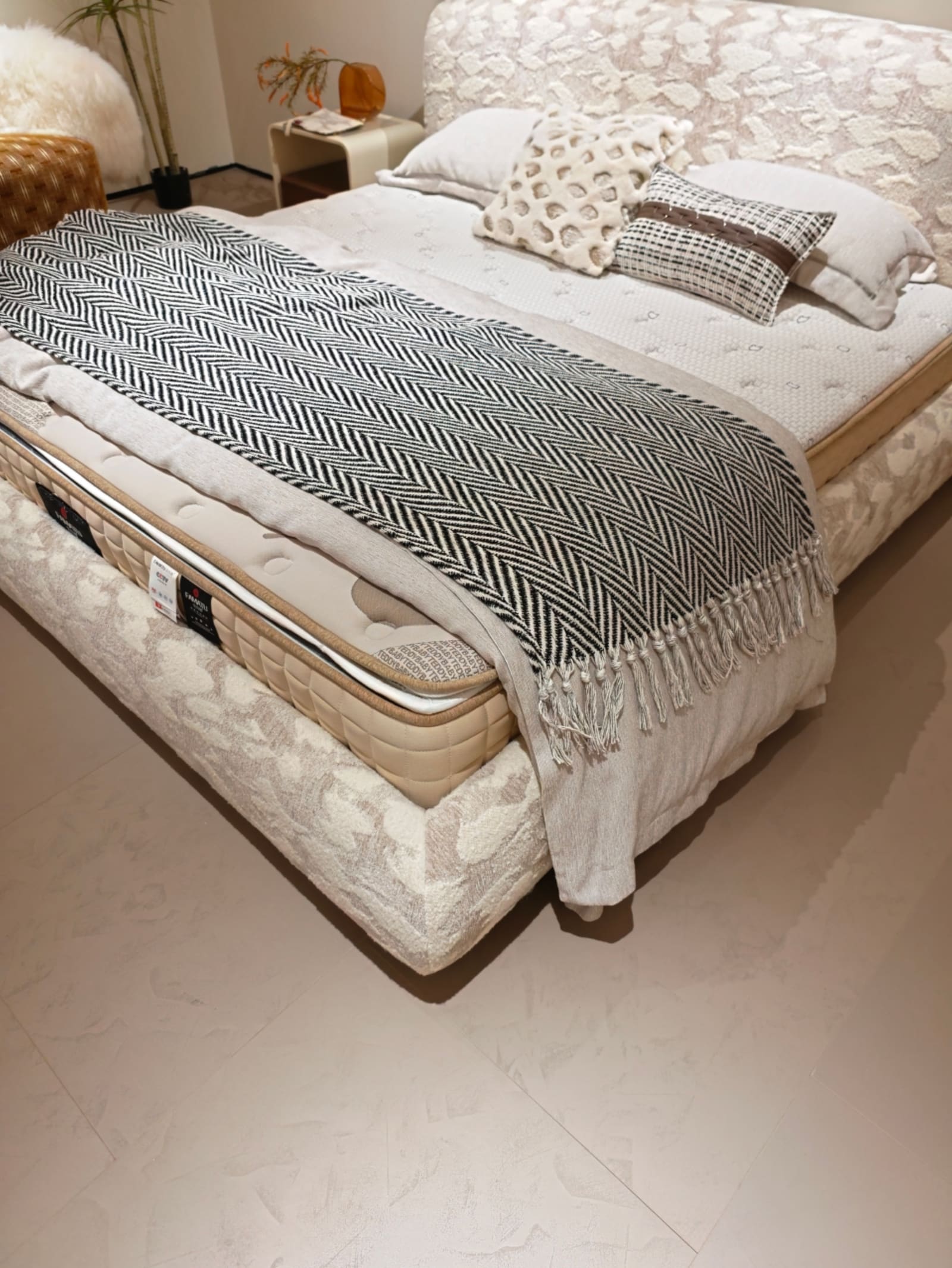 Chenille Upholstered Platform Bed with Botanical Print and Scalloped Headboard 7