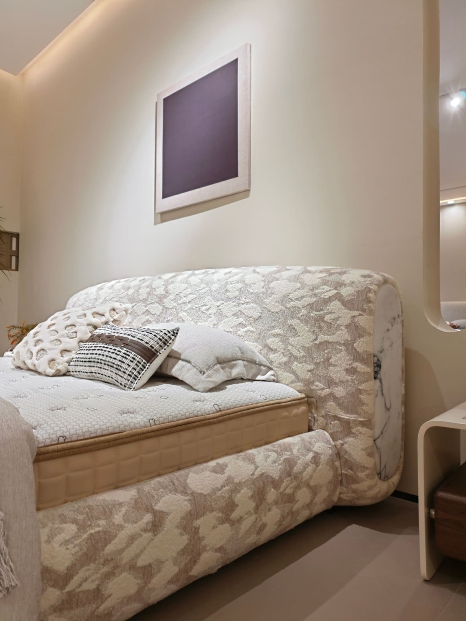 Chenille Upholstered Platform Bed with Botanical Print and Scalloped Headboard 9
