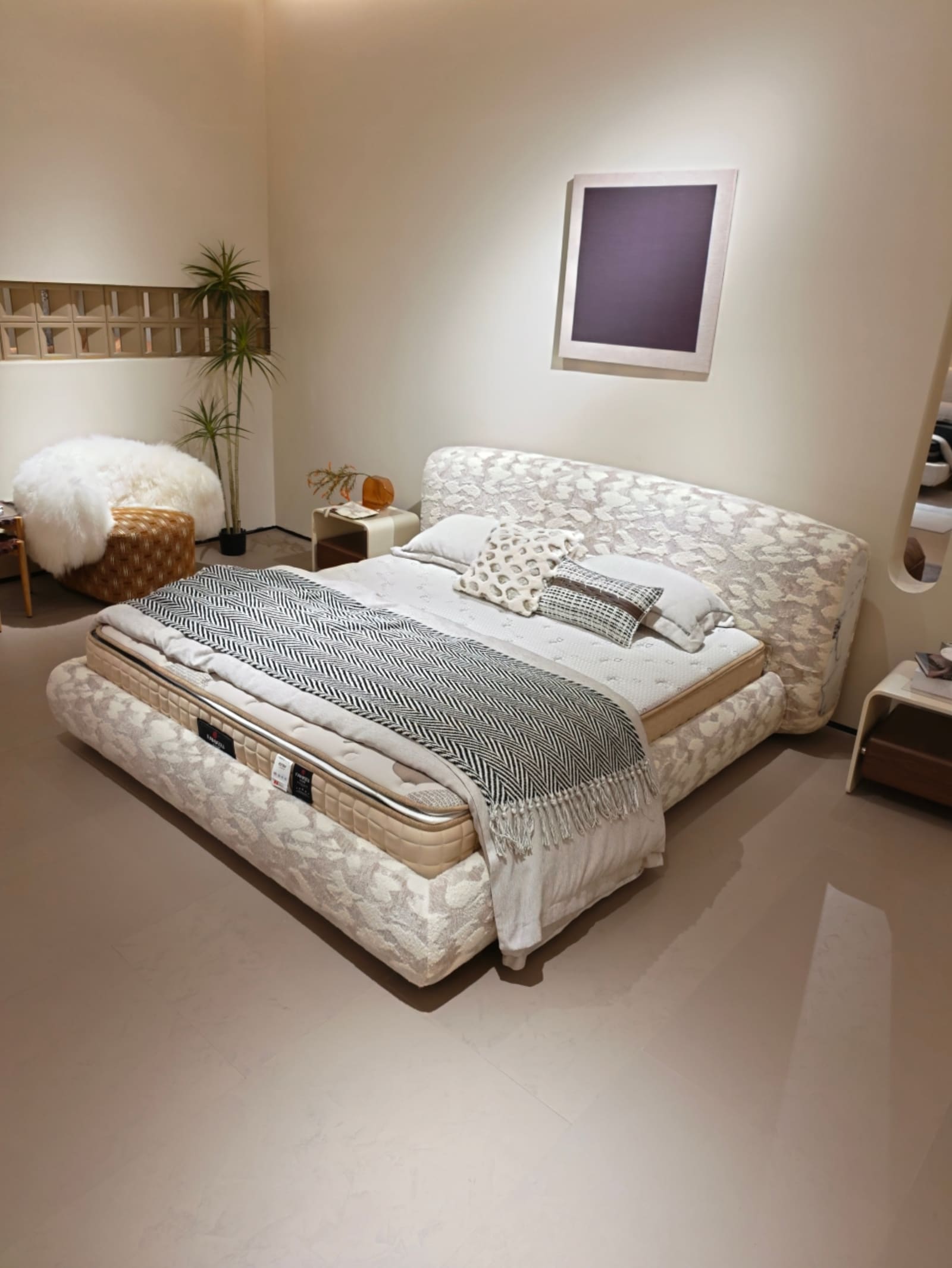 Chenille Upholstered Platform Bed with Botanical Print and Scalloped Headboard 11