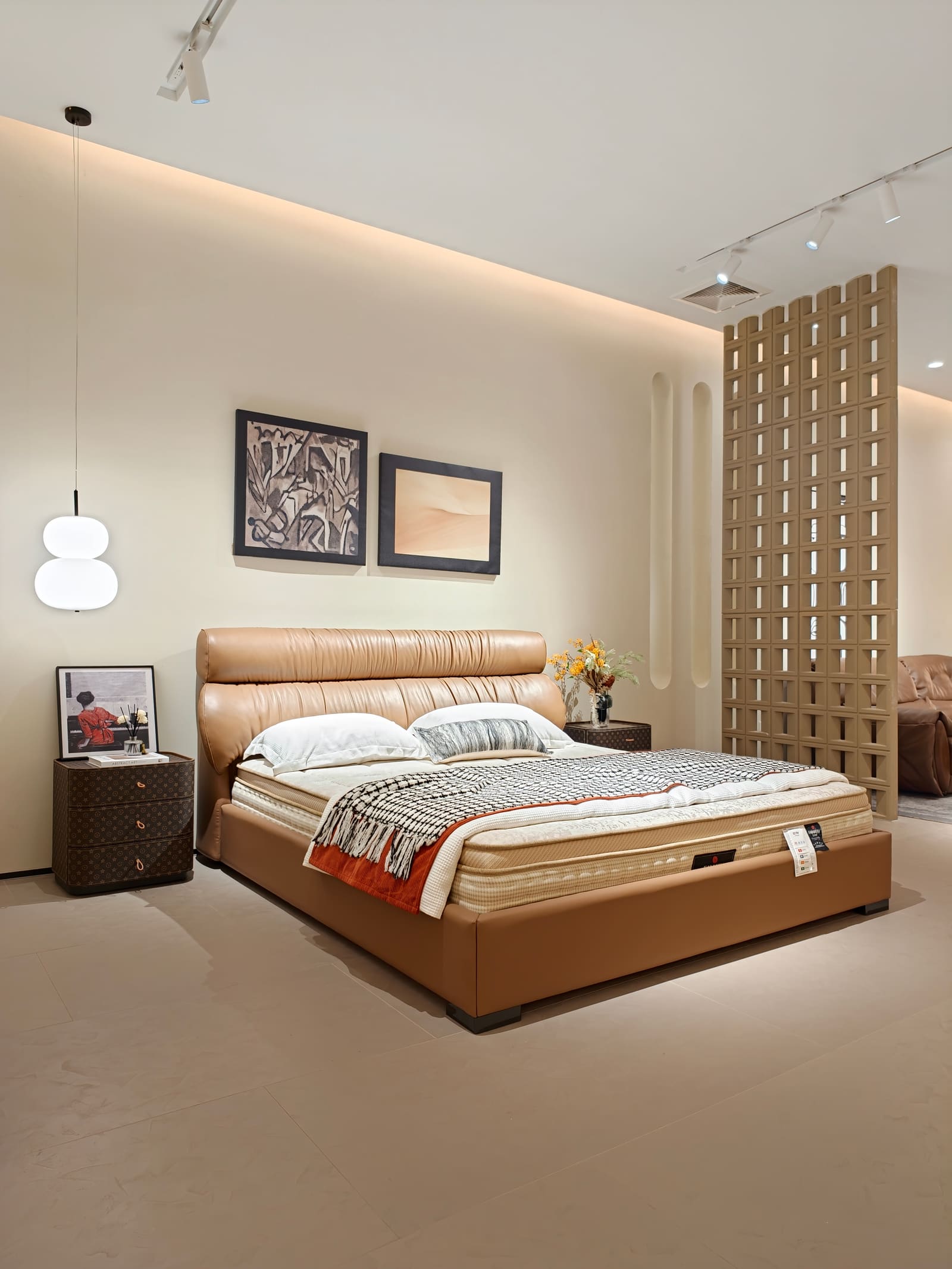 Top-Grain Leather Platform Bed with Horizontal Channel Tufting