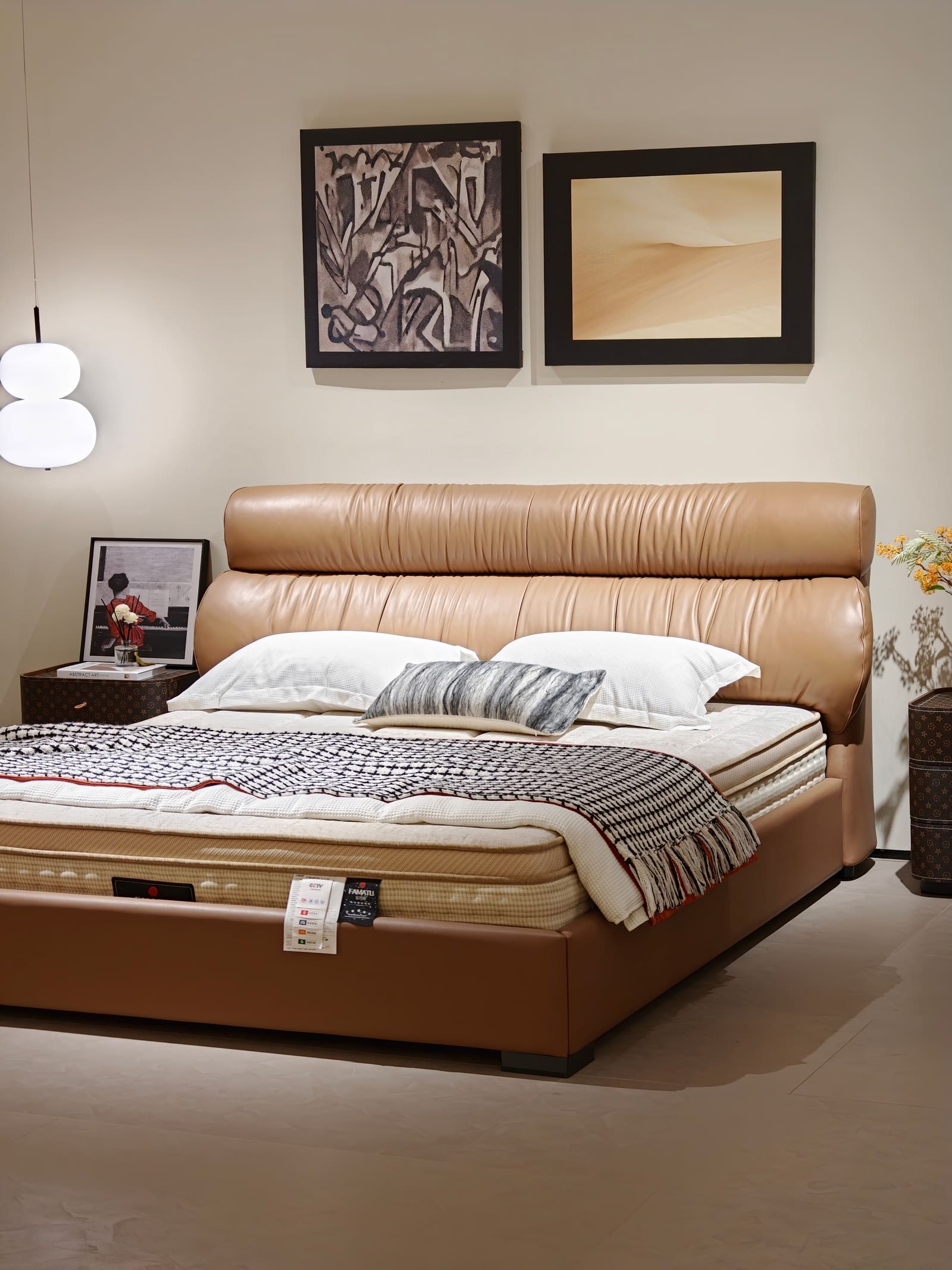 Top-Grain Leather Platform Bed with Horizontal Channel Tufting 9
