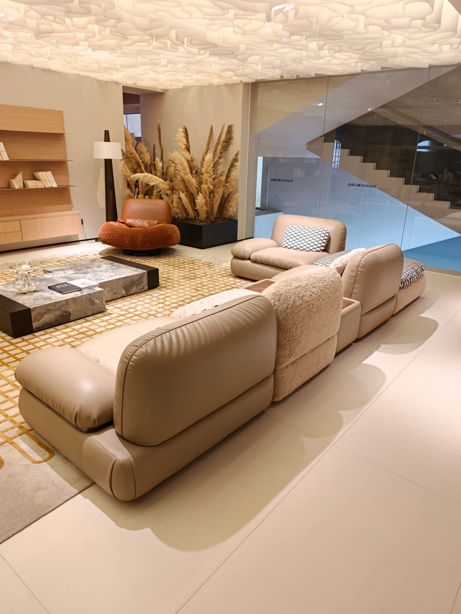 Large Modular Half-Leather & Fabric Sofa with Ottoman and Cabinet HD2447B 4